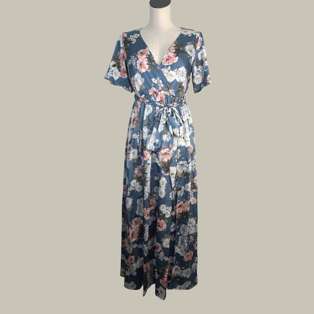 Baltic‎ Born Medium Sicily Blue Satin Short Sleeve Maxi Dress Floral